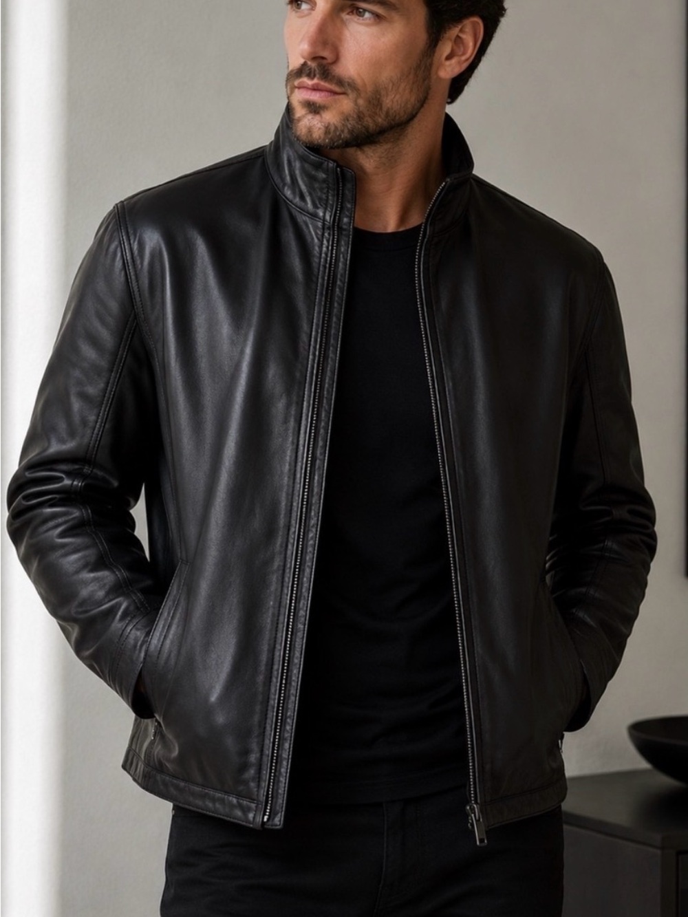BARNEYS NEW YORK Black Leather Jacket L